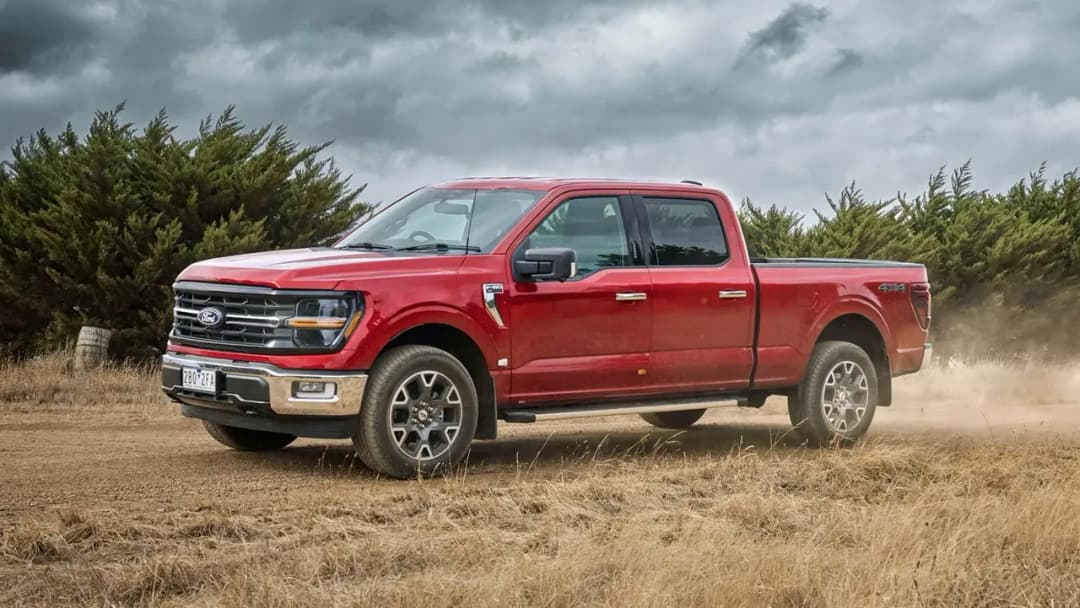 Ford F-150 XLT in red parked on a dry paddock, front three-quarter view