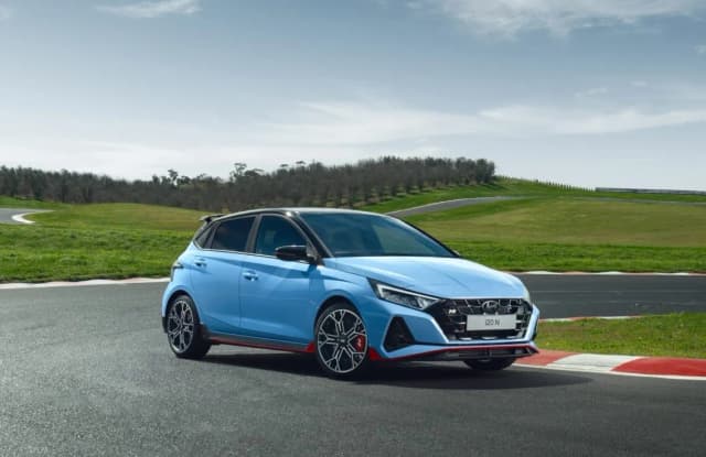 Hyundai i20 N front three quarter at a race circuit