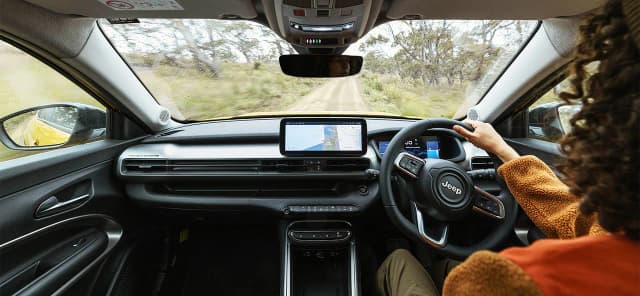 Jeep Avenger dashboard and touchscreen from the back seat, right hand drive