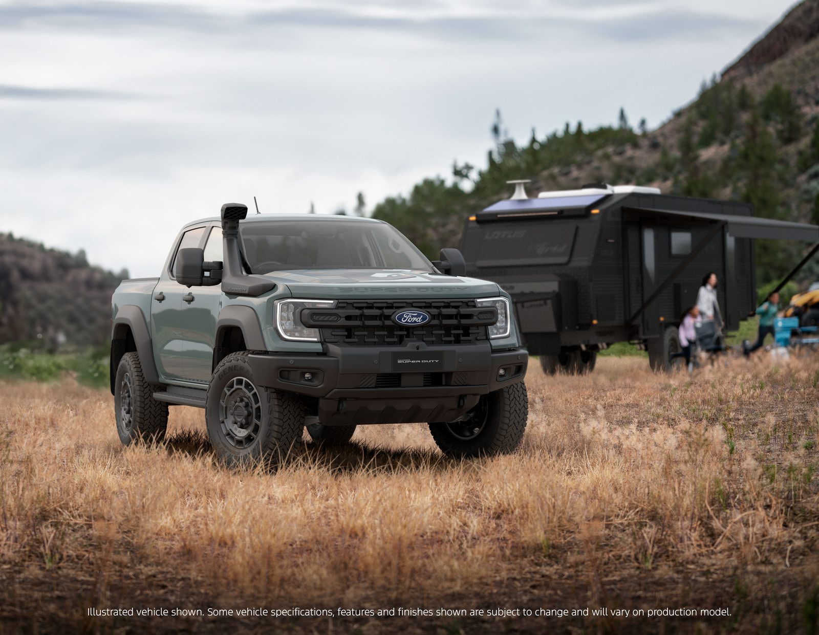 Ford Ranger Super Duty parked with a large caravan