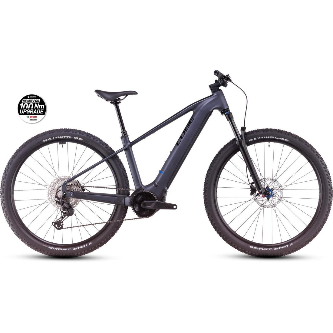 Cube Reaction Hybrid Pro 600 trail e-MTB hardtail in metallic grey and black, side profile on white background