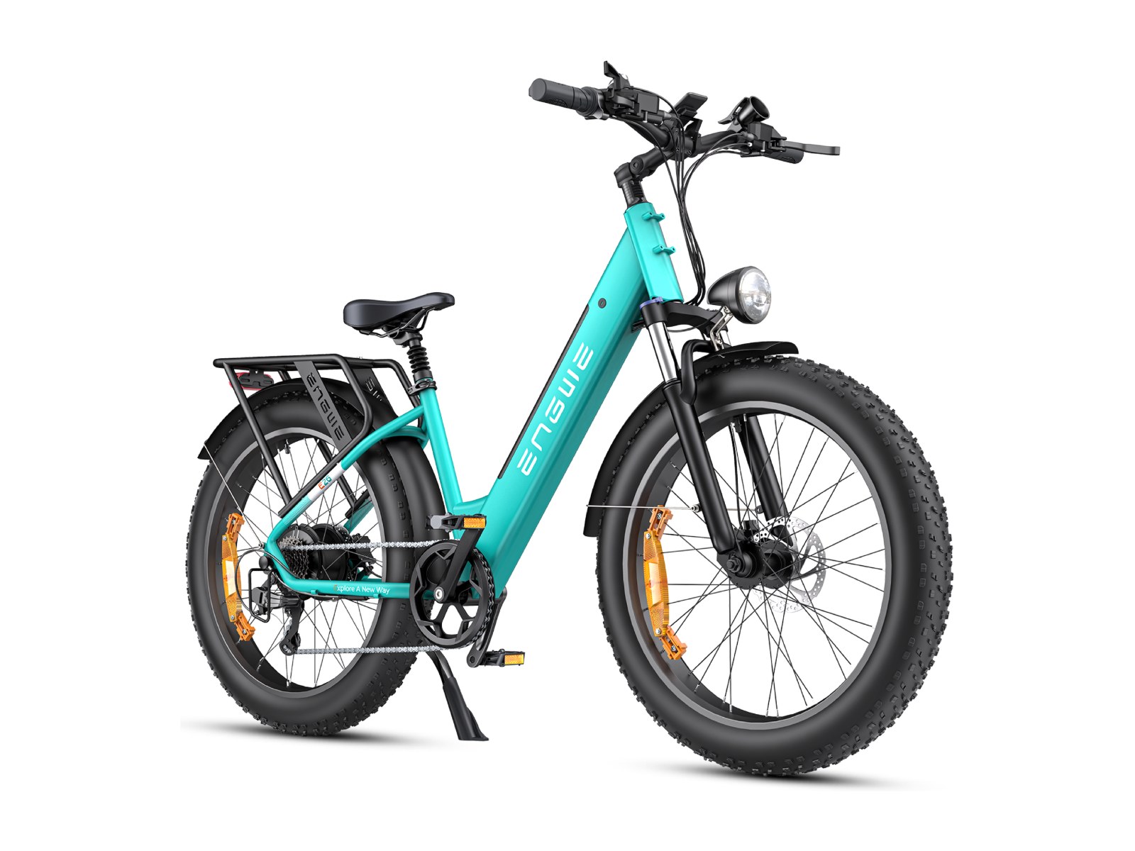 Engwe E26 step through e-bike, front three quarter view on white background