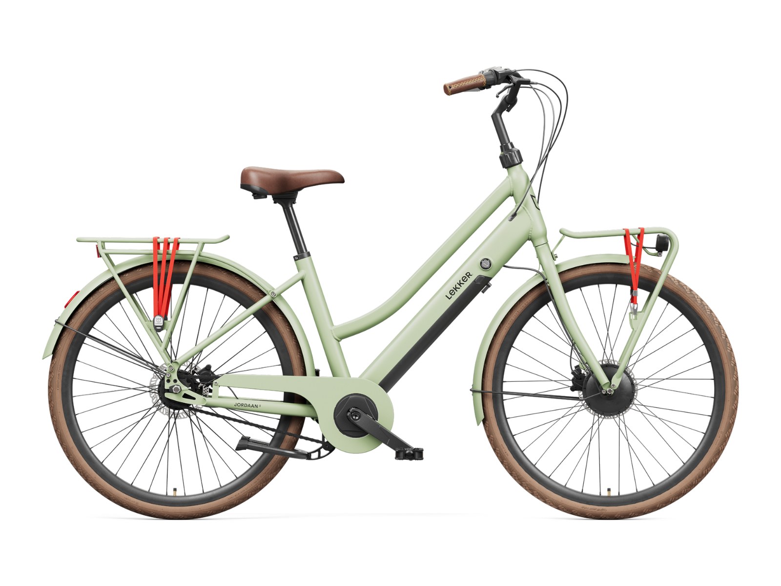 Lekker Jordaan Urban 8 speed e-bike in olive green, side profile on white background