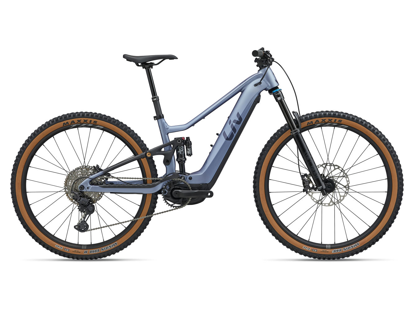 Liv Embolden E plus 0 women's full suspension trail e-bike in atmosphere, side profile on white background