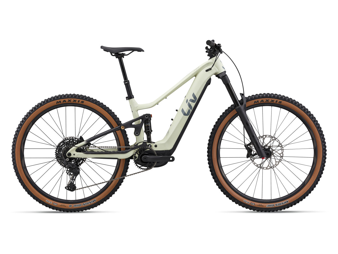Liv Embolden E plus 1 women's full suspension trail e-bike in pale moss, side profile on white background