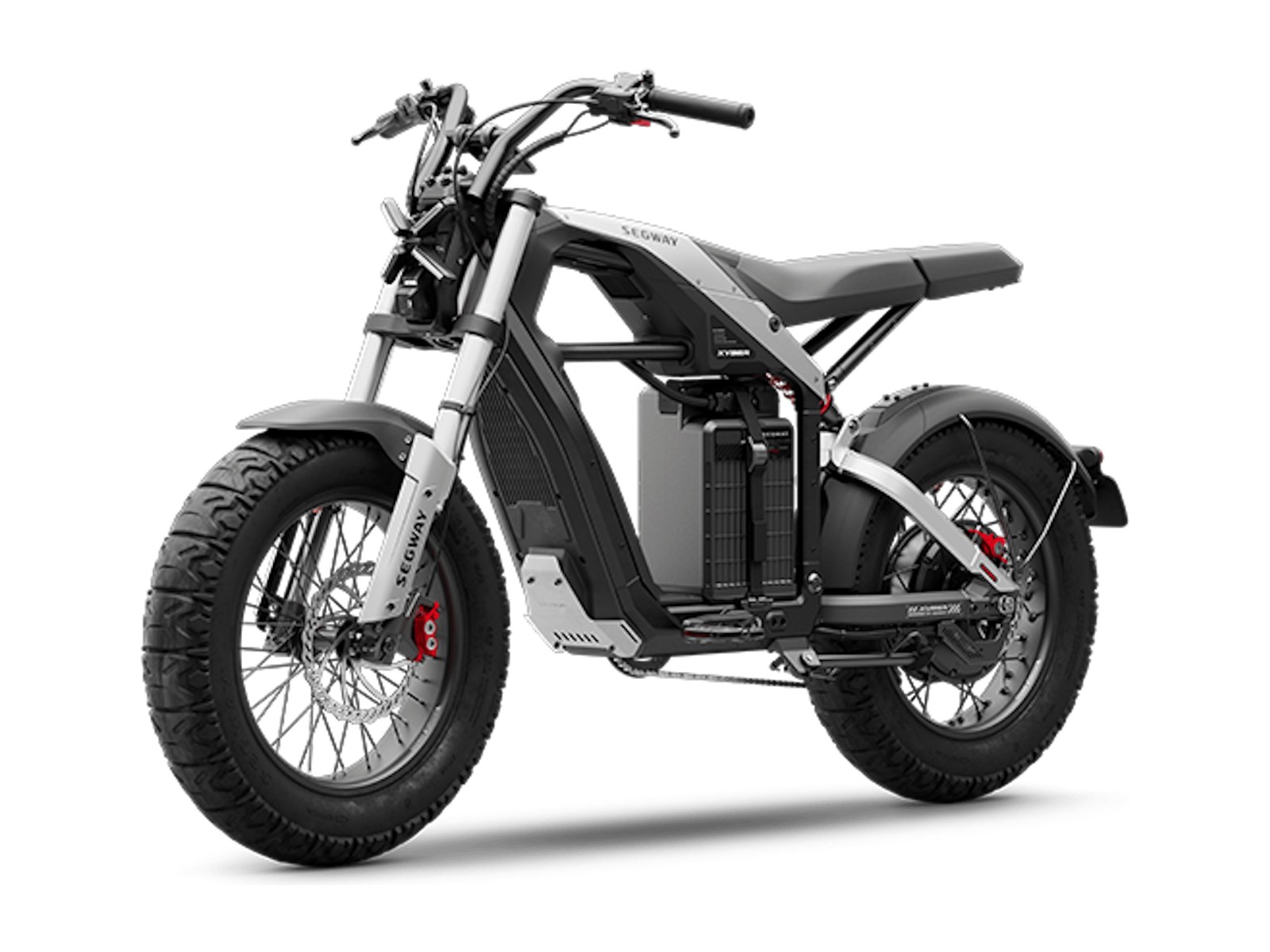 Segway Xyber off road e-bike in black, front three quarter view on white background