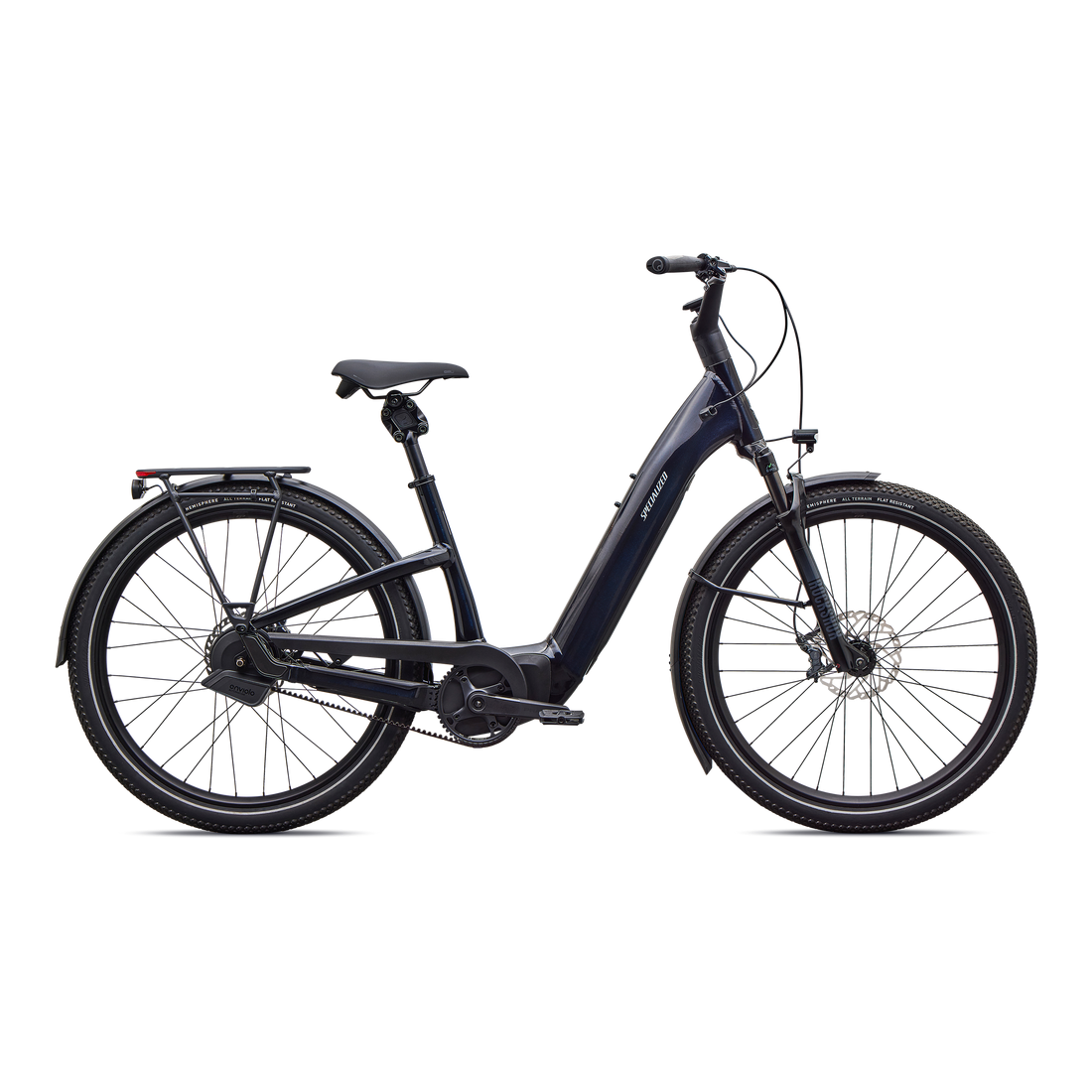 Specialized Turbo Como 5.0 IGH relaxed cruiser commuter e-bike in metallic navy, side profile on white background