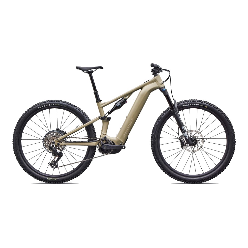 Specialized Turbo Levo R Comp Alloy trail e-MTB in sandstone, side profile on white background