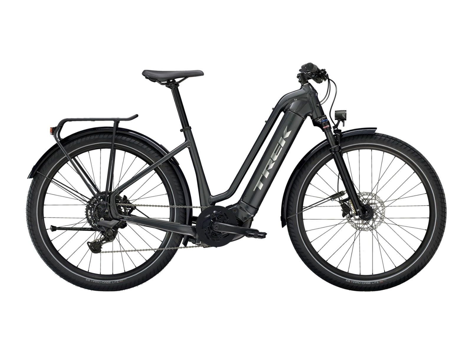 Trek Allant plus 7 Lowstep Gen 2 commuter e-bike, side profile on white background