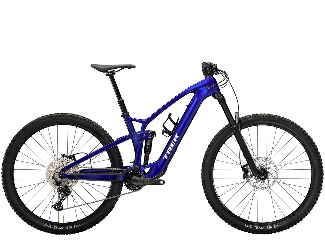 Trek Fuel EXe 9.5 lightweight trail e-MTB, side profile on white background