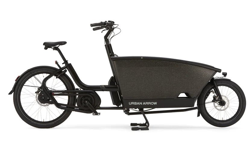 Urban Arrow Family front-loader cargo e-bike in black, side profile on white background